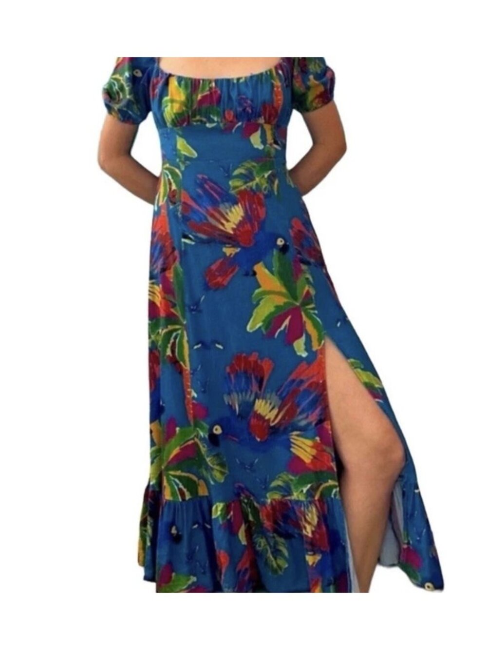 House of Harlow 1960 Blue Tropical Parrot Print Smocked Maxi Dress Size L